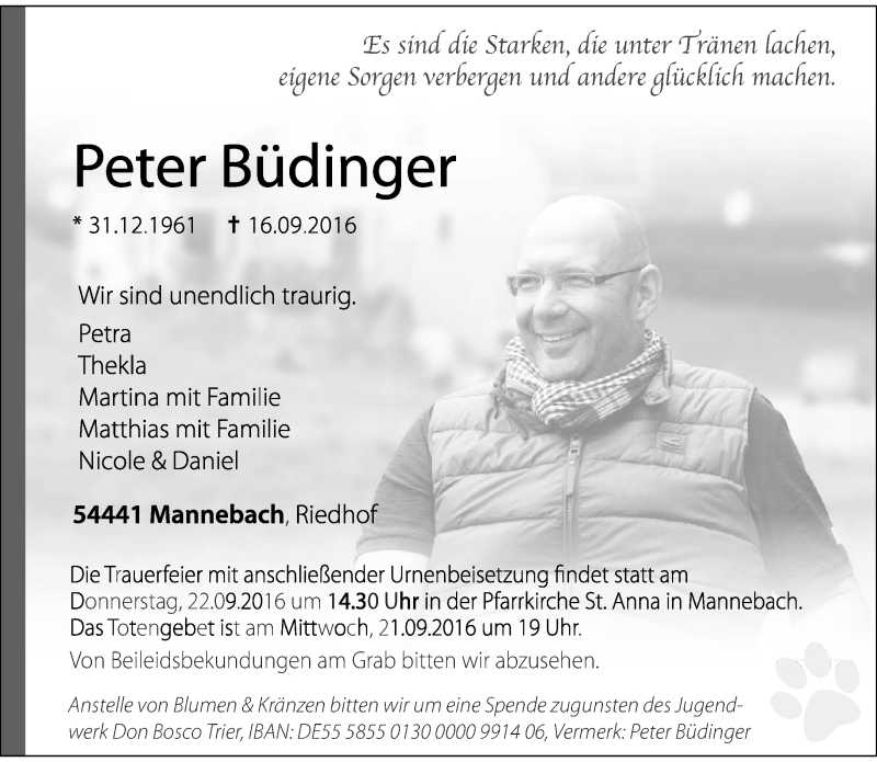  Traueranzeige für Peter Büdinger vom 19.09.2016 aus trierischer_volksfreund