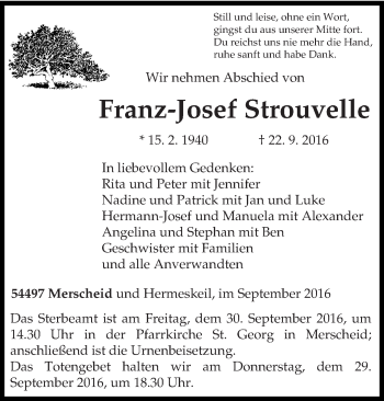 Traueranzeige von Franz-Josef Strouvelle von trierischer_volksfreund
