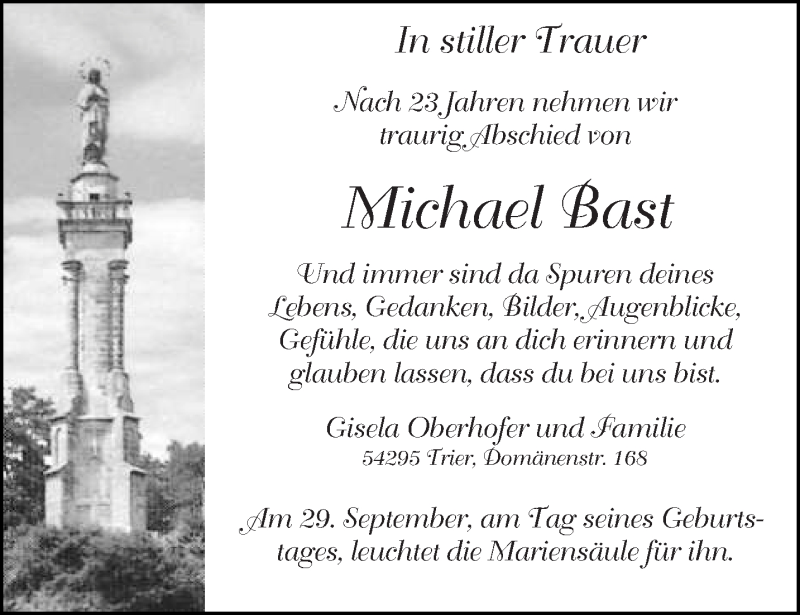  Traueranzeige für Michael Bast vom 09.09.2016 aus trierischer_volksfreund