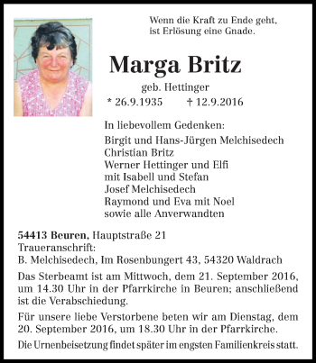 Traueranzeige von Marga Britz von trierischer_volksfreund