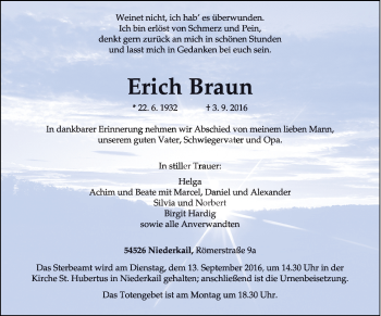Traueranzeige von Erich Braun von trierischer_volksfreund