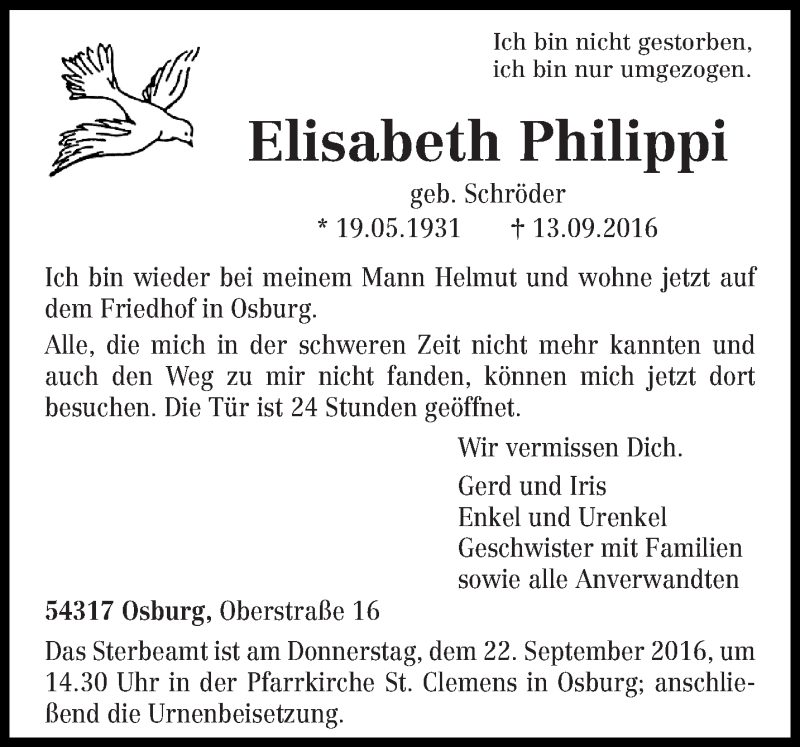  Traueranzeige für Elisabeth Philippi vom 19.09.2016 aus trierischer_volksfreund