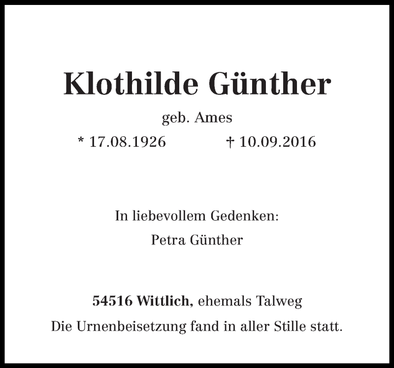  Traueranzeige für Klothilde Günther vom 24.09.2016 aus trierischer_volksfreund