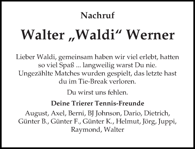  Traueranzeige für Walter Werner vom 28.09.2016 aus trierischer_volksfreund