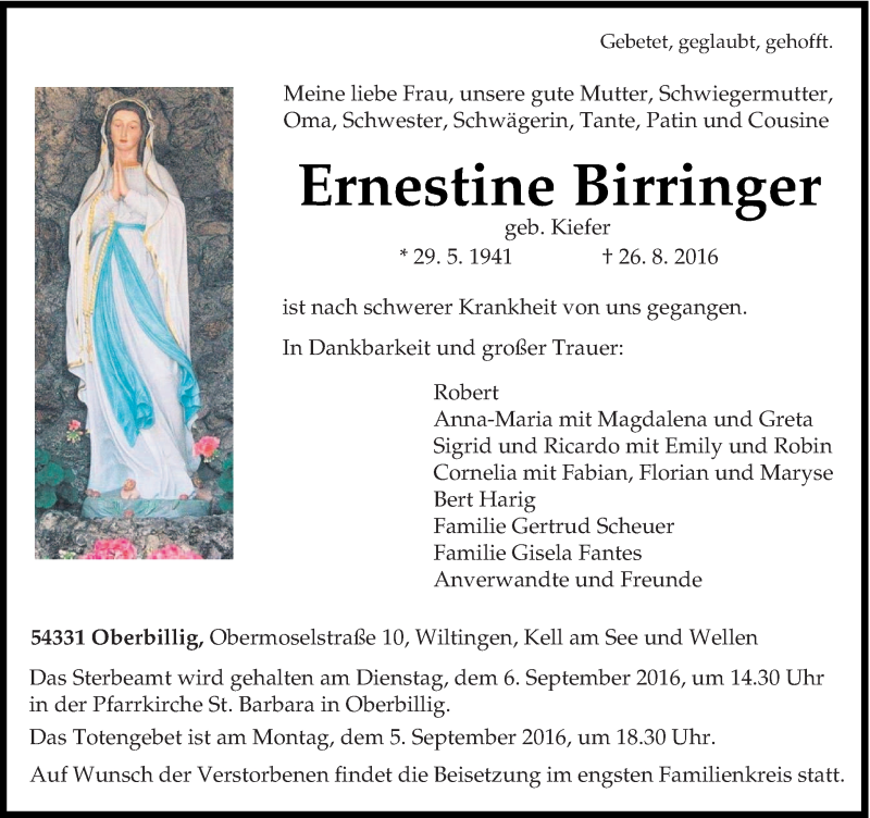  Traueranzeige für Ernestine Birringer vom 01.09.2016 aus trierischer_volksfreund