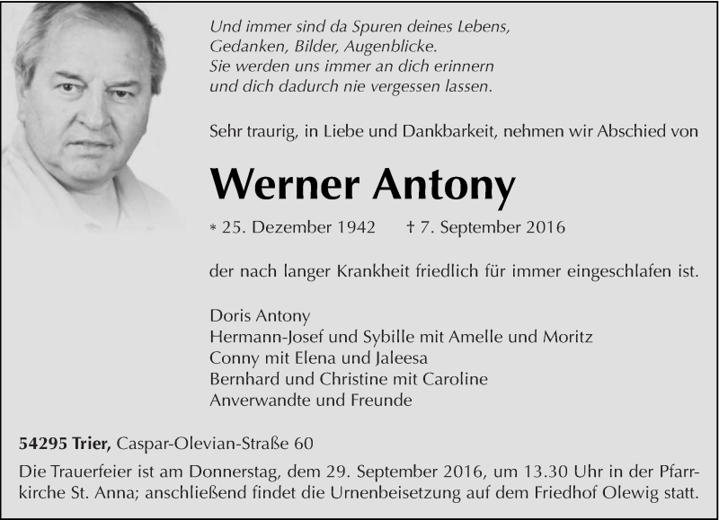  Traueranzeige für Werner Antony vom 17.09.2016 aus trierischer_volksfreund