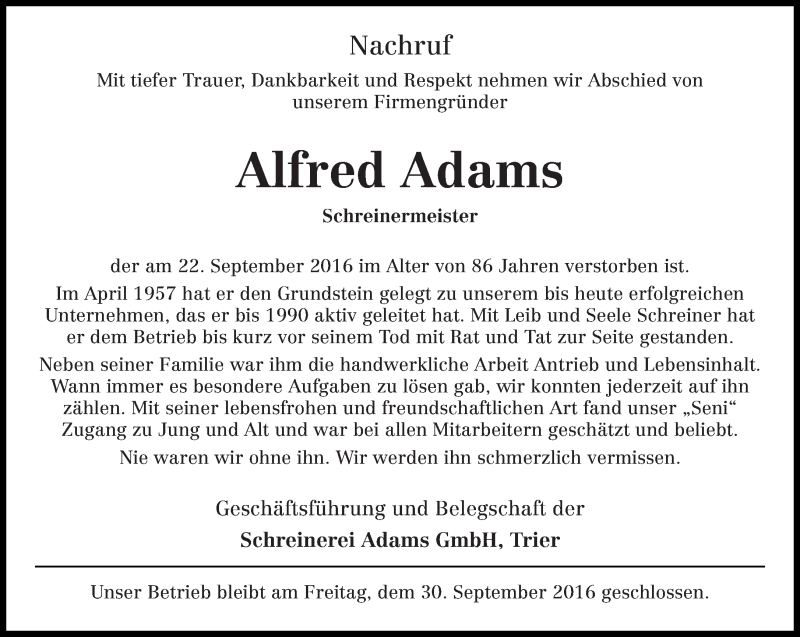  Traueranzeige für Alfred Adams vom 26.09.2016 aus trierischer_volksfreund