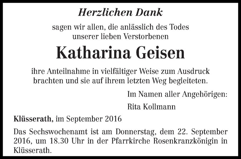  Traueranzeige für Katharina Geisen vom 17.09.2016 aus trierischer_volksfreund