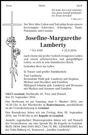 Traueranzeige von Josefine-Margarethe Lamberty von trierischer_volksfreund