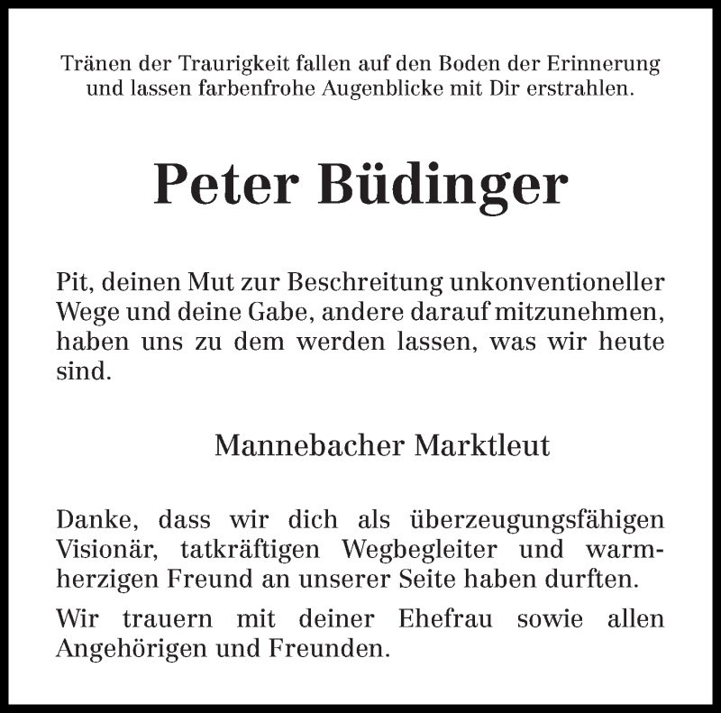  Traueranzeige für Peter Büdinger vom 19.09.2016 aus trierischer_volksfreund