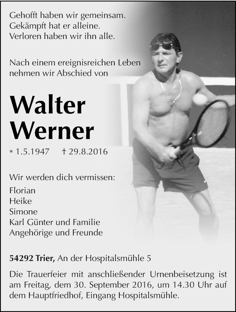  Traueranzeige für Walter Werner vom 24.09.2016 aus trierischer_volksfreund