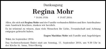 Traueranzeige von Regina Mohr von trierischer_volksfreund