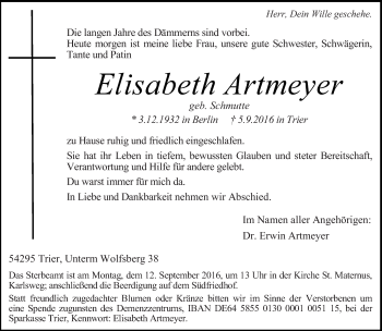 Traueranzeige von Elisabeth Artmeyer von trierischer_volksfreund