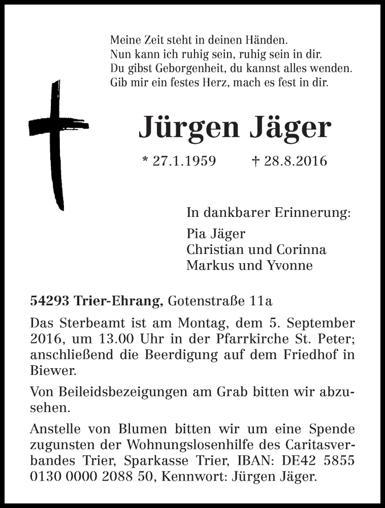  Traueranzeige für Jürgen Jäger vom 31.08.2016 aus trierischer_volksfreund
