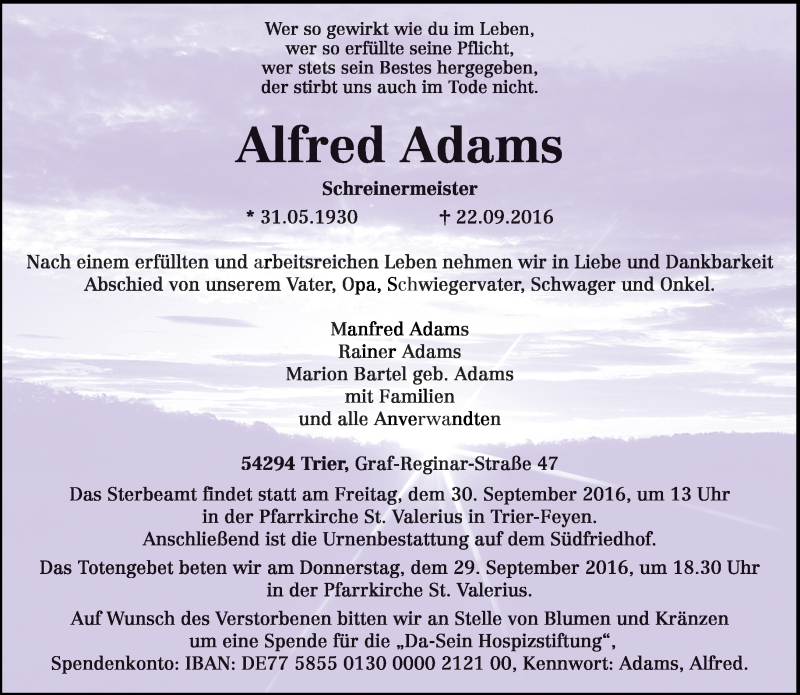  Traueranzeige für Alfred Adams vom 26.09.2016 aus trierischer_volksfreund