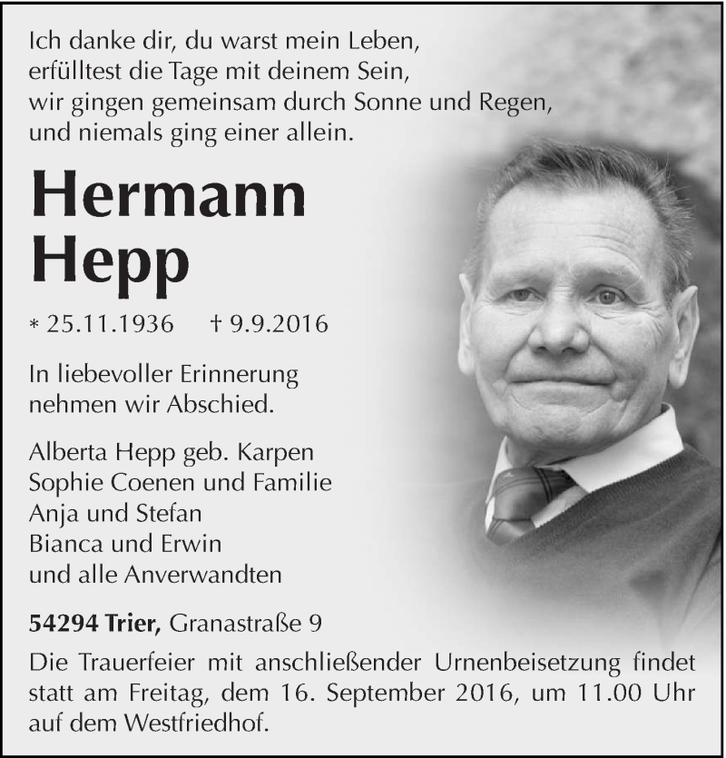  Traueranzeige für Hermann Hepp vom 13.09.2016 aus trierischer_volksfreund