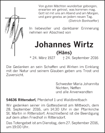 Traueranzeige von Johannes Wirtz von trierischer_volksfreund