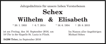 Traueranzeige von Wilhelm und Elisabeth Schex von trierischer_volksfreund