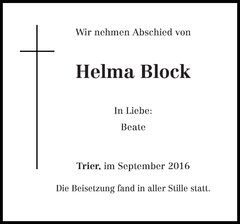  Traueranzeige für Helma Block vom 17.09.2016 aus trierischer_volksfreund