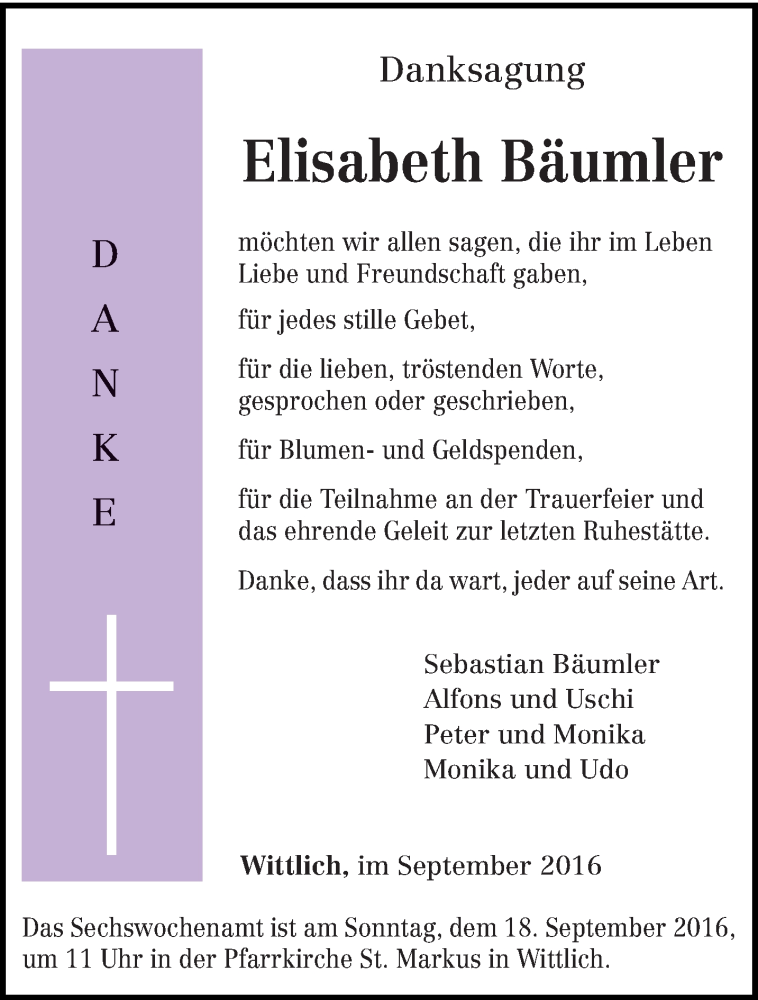  Traueranzeige für Elisabeth Bäumler vom 10.09.2016 aus trierischer_volksfreund