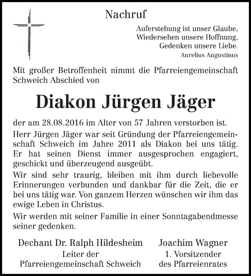  Traueranzeige für Jürgen Jäger vom 01.09.2016 aus trierischer_volksfreund