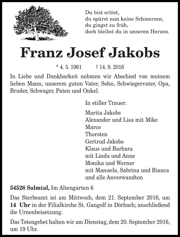  Traueranzeige für Franz Josef Jakobs vom 17.09.2016 aus trierischer_volksfreund