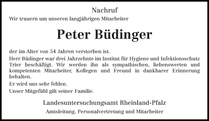  Traueranzeige für Peter Büdinger vom 21.09.2016 aus trierischer_volksfreund