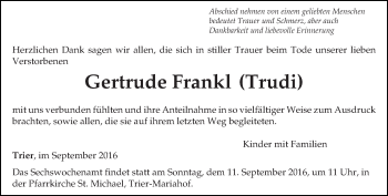 Traueranzeige von Gertrude Frankl von trierischer_volksfreund