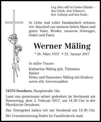 Traueranzeige von Werner Mäling von trierischer_volksfreund