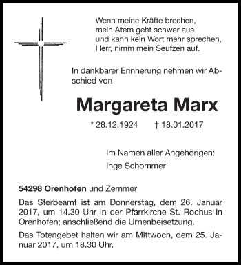 Traueranzeige von Margareta Marx von trierischer_volksfreund