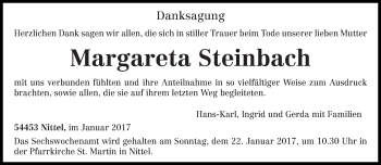 Traueranzeige von Margareta Steinbach von trierischer_volksfreund