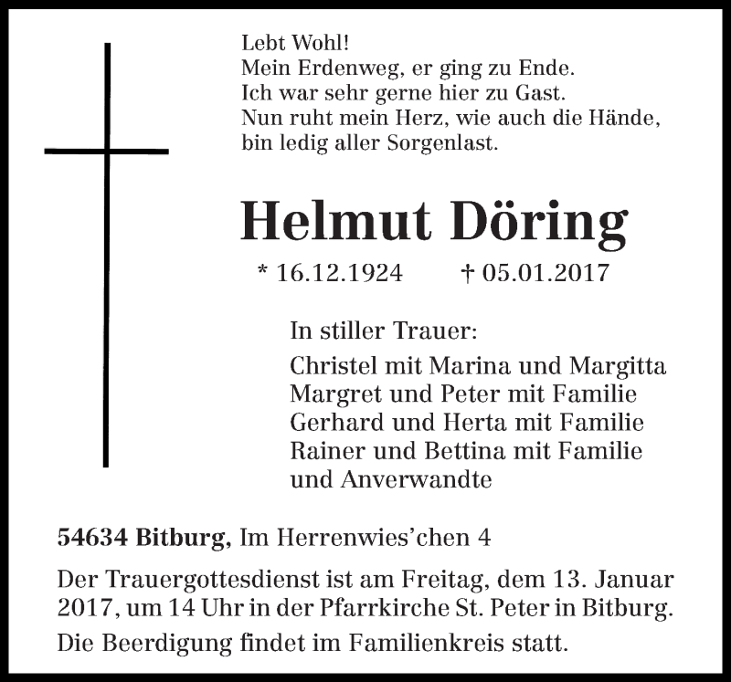  Traueranzeige für Helmut Döring vom 09.01.2017 aus trierischer_volksfreund