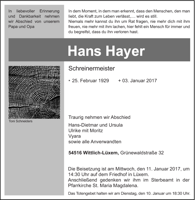  Traueranzeige für Hans Hayer vom 07.01.2017 aus trierischer_volksfreund