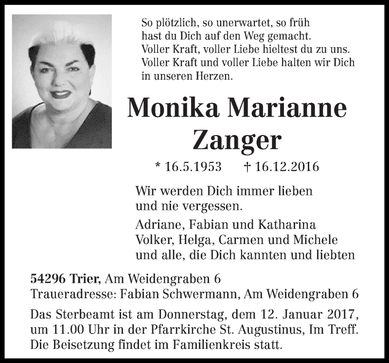  Traueranzeige für Monika Marianne Zanger vom 07.01.2017 aus trierischer_volksfreund