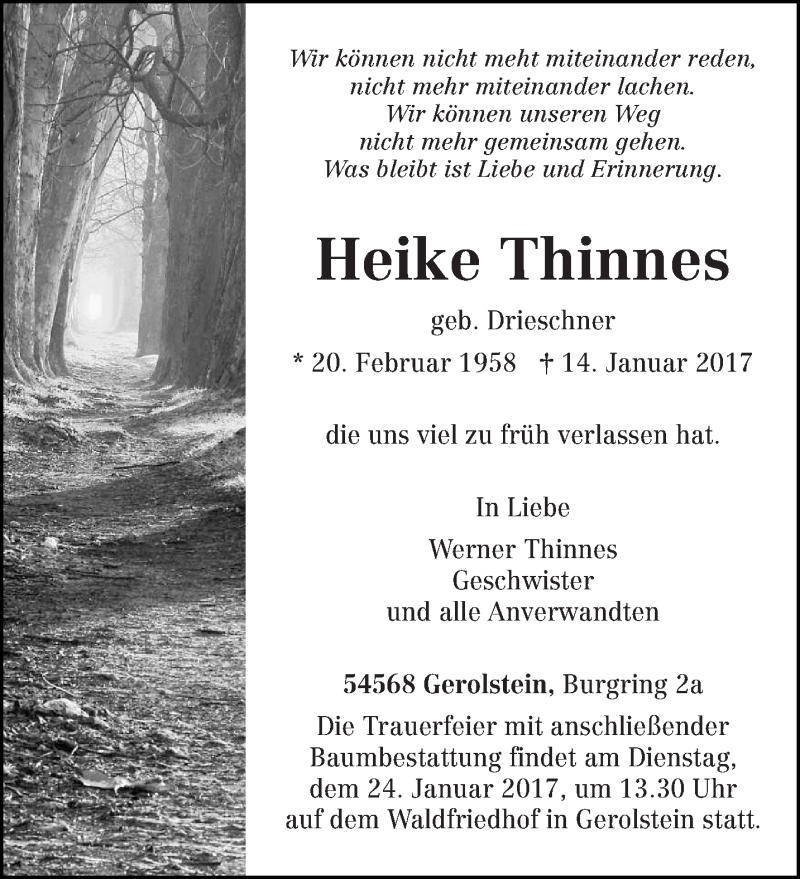  Traueranzeige für Heike Thinnes vom 19.01.2017 aus trierischer_volksfreund