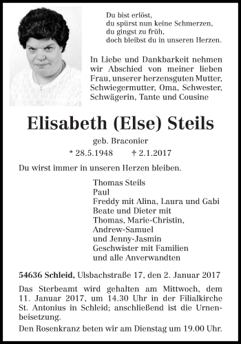 Traueranzeige von Elisabeth  Steils von trierischer_volksfreund