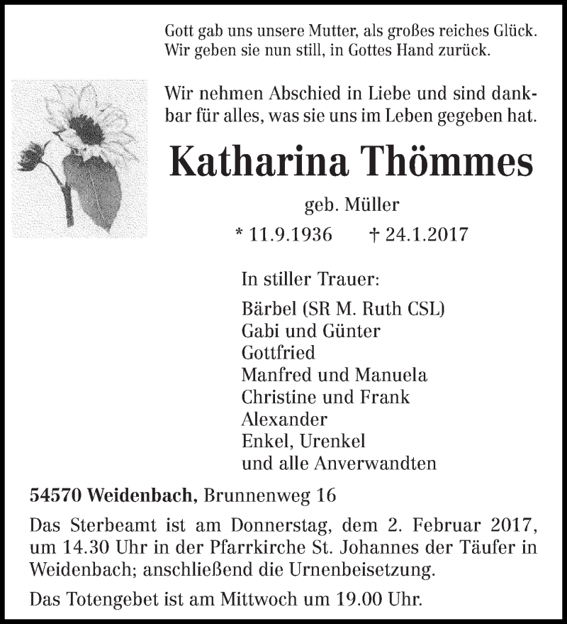  Traueranzeige für Katharina Thömmes vom 30.01.2017 aus trierischer_volksfreund