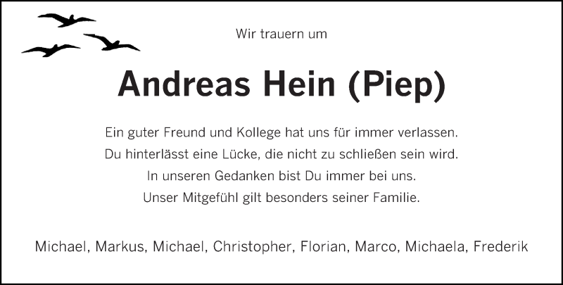  Traueranzeige für Andreas Hein vom 05.01.2017 aus trierischer_volksfreund
