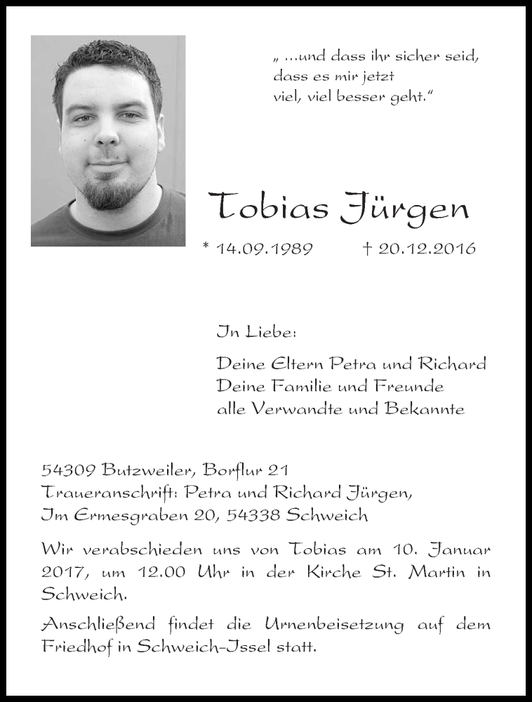  Traueranzeige für Tobias Jürgen vom 04.01.2017 aus trierischer_volksfreund