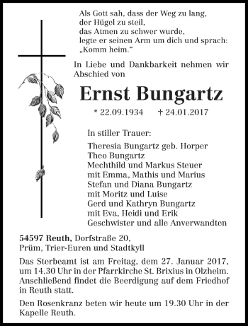 Traueranzeige von Ernst Bungartz von trierischer_volksfreund