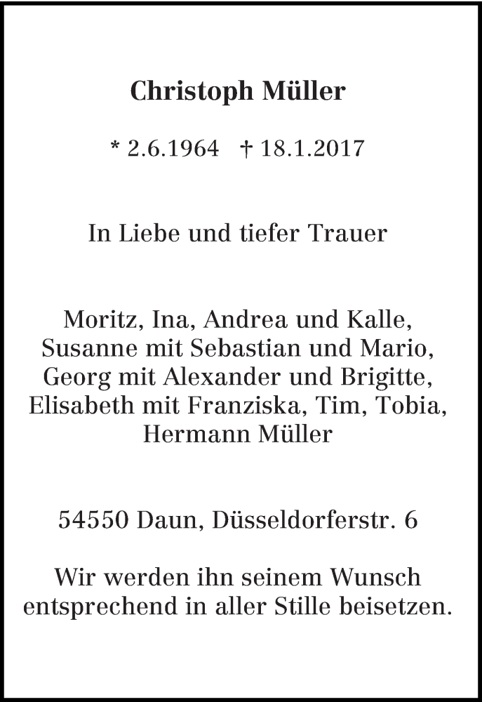  Traueranzeige für Christoph Müller vom 28.01.2017 aus trierischer_volksfreund