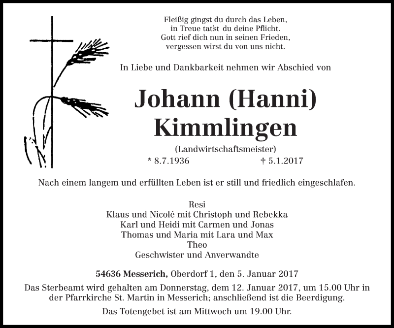  Traueranzeige für Johann Kimmlingen vom 07.01.2017 aus trierischer_volksfreund