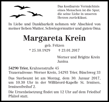 Traueranzeige von Margareta Krein von trierischer_volksfreund