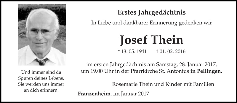  Traueranzeige für Josef Thein vom 21.01.2017 aus trierischer_volksfreund