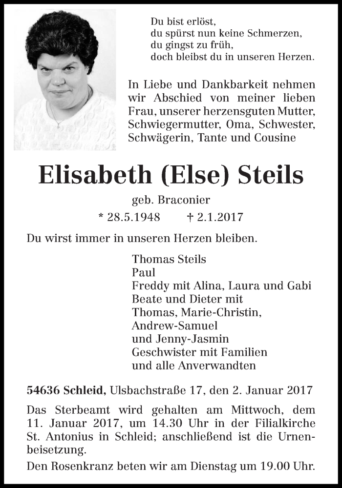  Traueranzeige für Elisabeth  Steils vom 07.01.2017 aus trierischer_volksfreund