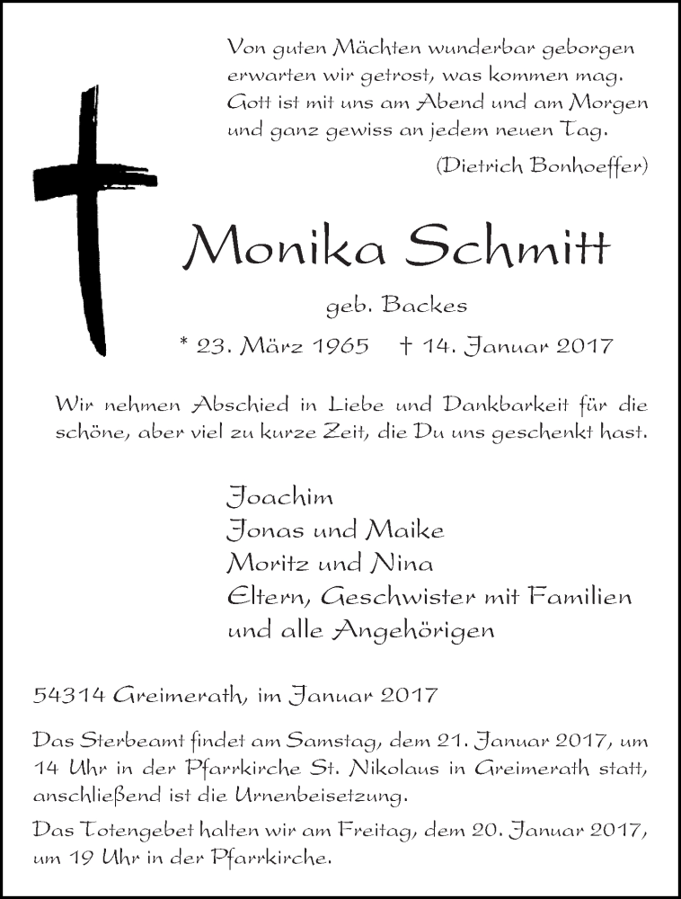  Traueranzeige für Monika Schmitt vom 19.01.2017 aus trierischer_volksfreund