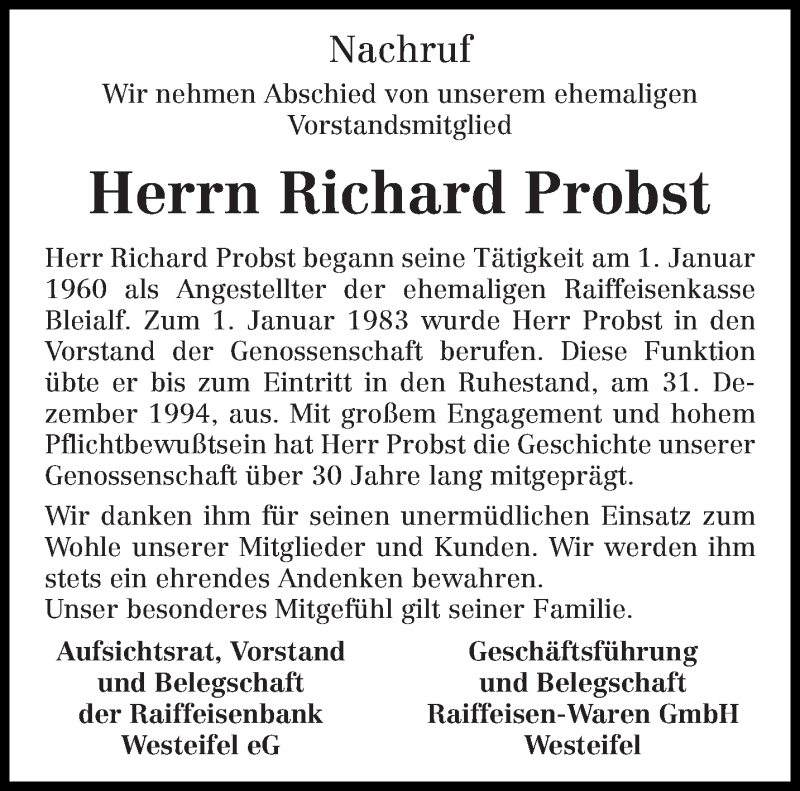  Traueranzeige für Richard Probst vom 10.01.2017 aus trierischer_volksfreund