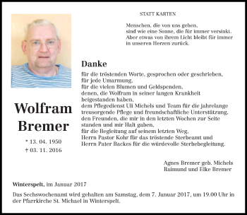Traueranzeige von Wolfram Bremer von trierischer_volksfreund