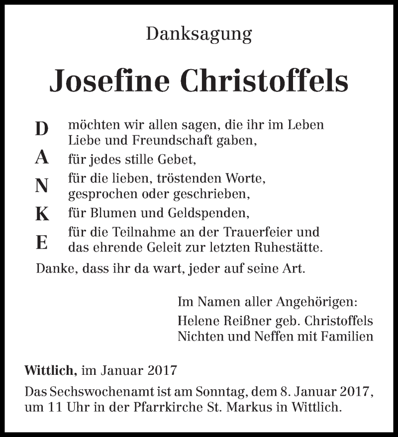  Traueranzeige für Josefine Christoffels vom 04.01.2017 aus trierischer_volksfreund