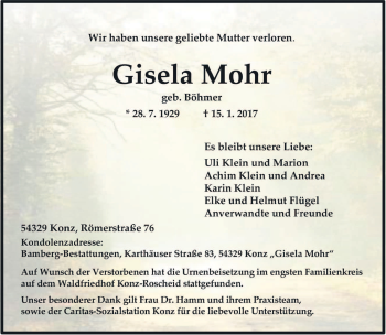 Traueranzeige von Gisela Mohr von trierischer_volksfreund